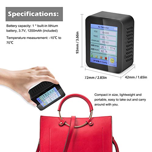 LCD Kvalitete Zraka Detektor,Realnom vremenu Osvježavajuće Vlažnost Vazduha Monitor,Prenosni CO2 TVOC Temperatura, Vlažnost Monitor(Crna)